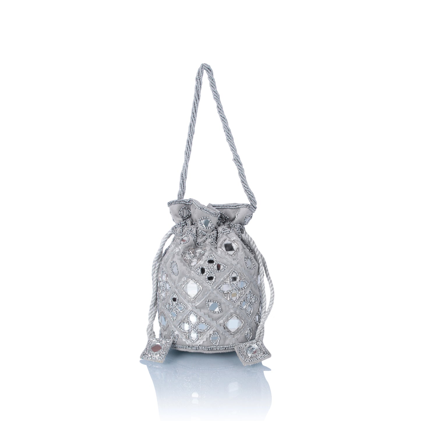 Silver mirrorwork potli