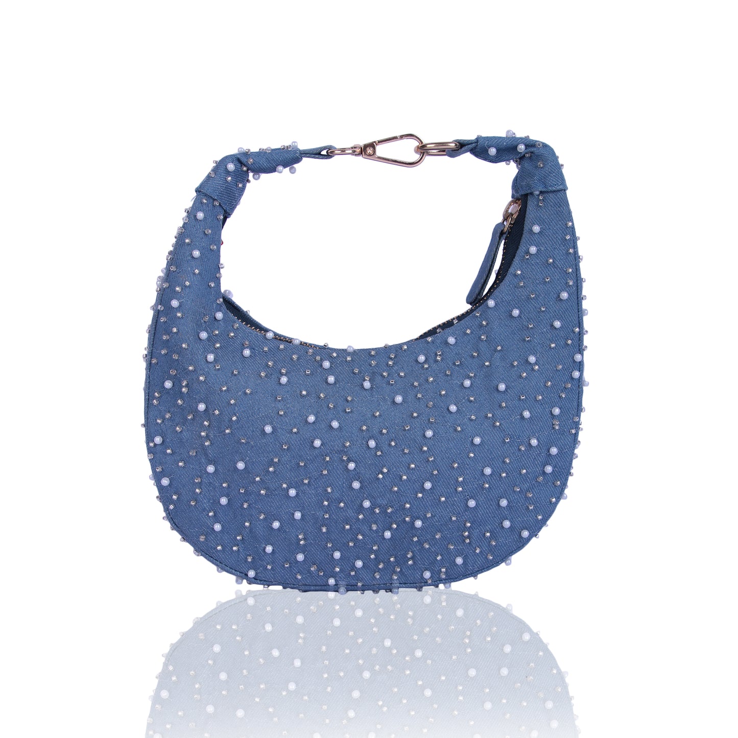 Denim pearl moon bag