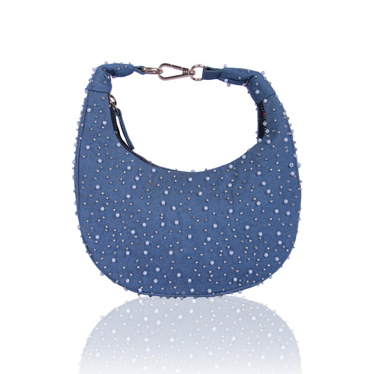 Denim pearl moon bag