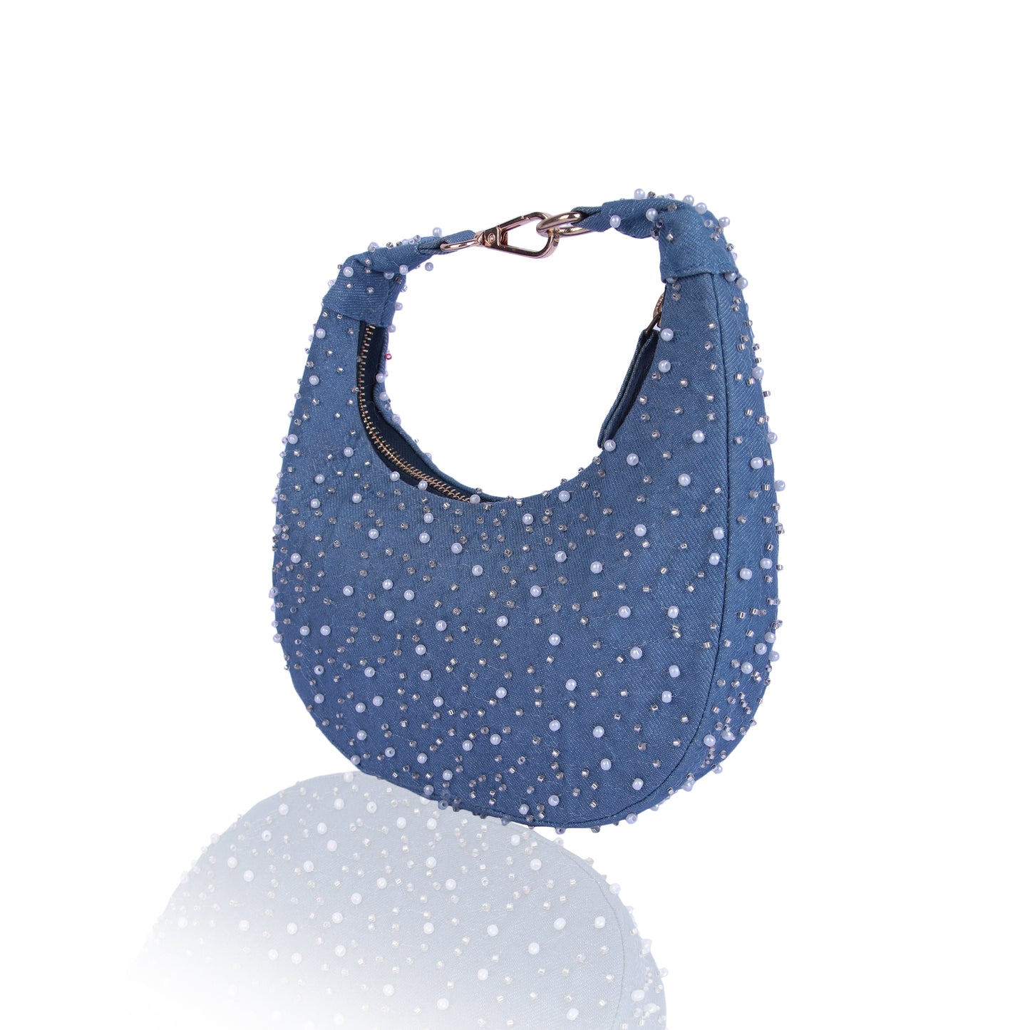 Denim pearl moon bag
