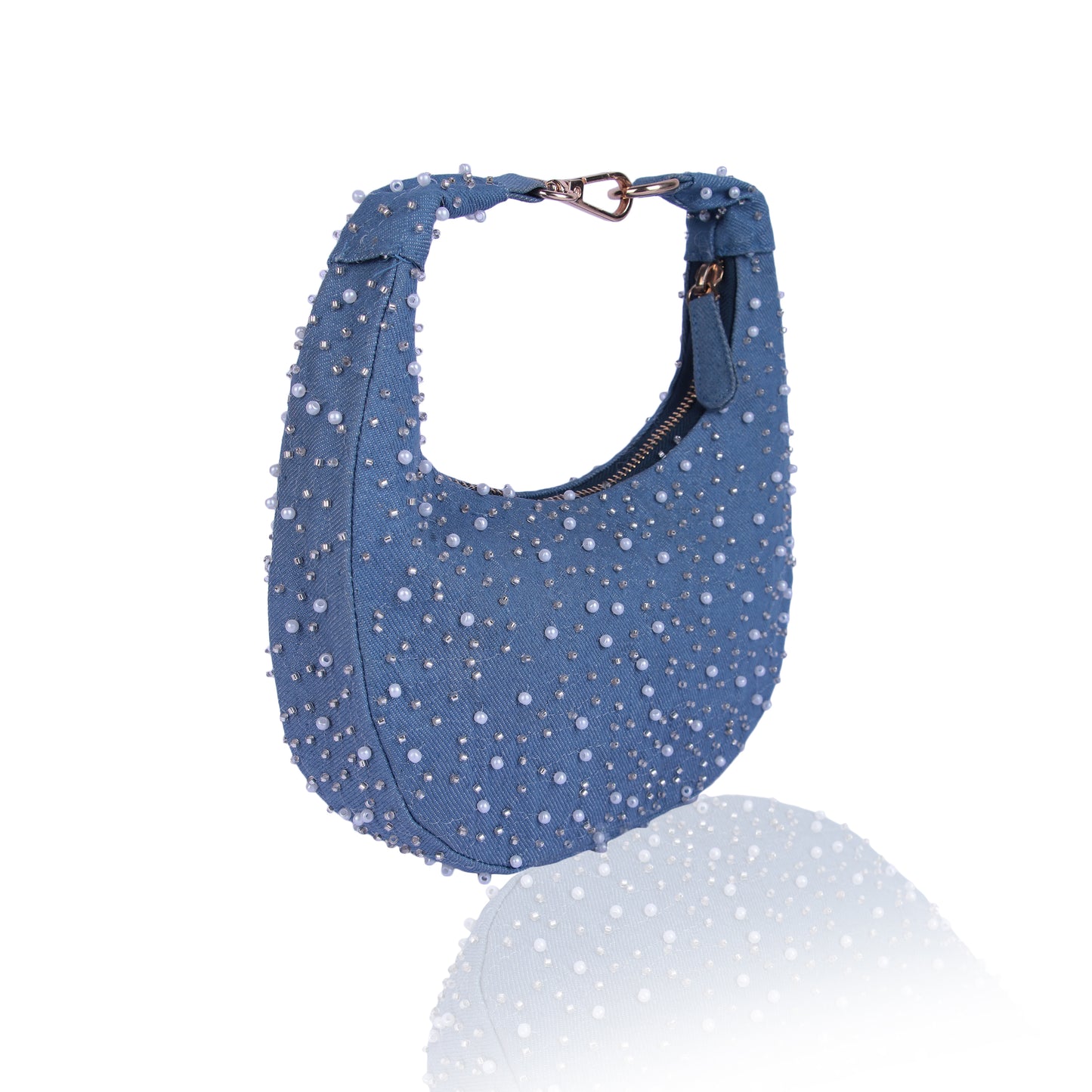 Denim pearl moon bag