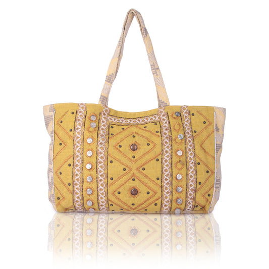 Yellow mirrorwork tote bag