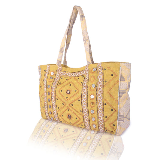 Yellow mirrorwork tote bag