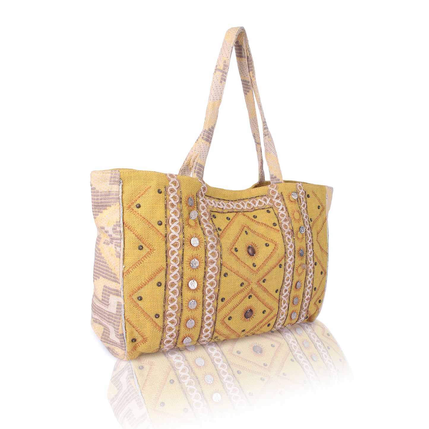 Yellow mirrorwork tote bag