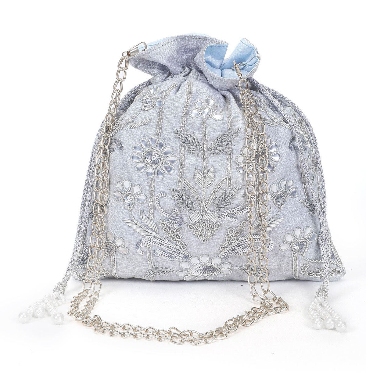 Silver zardosi potli