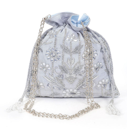Silver zardosi potli