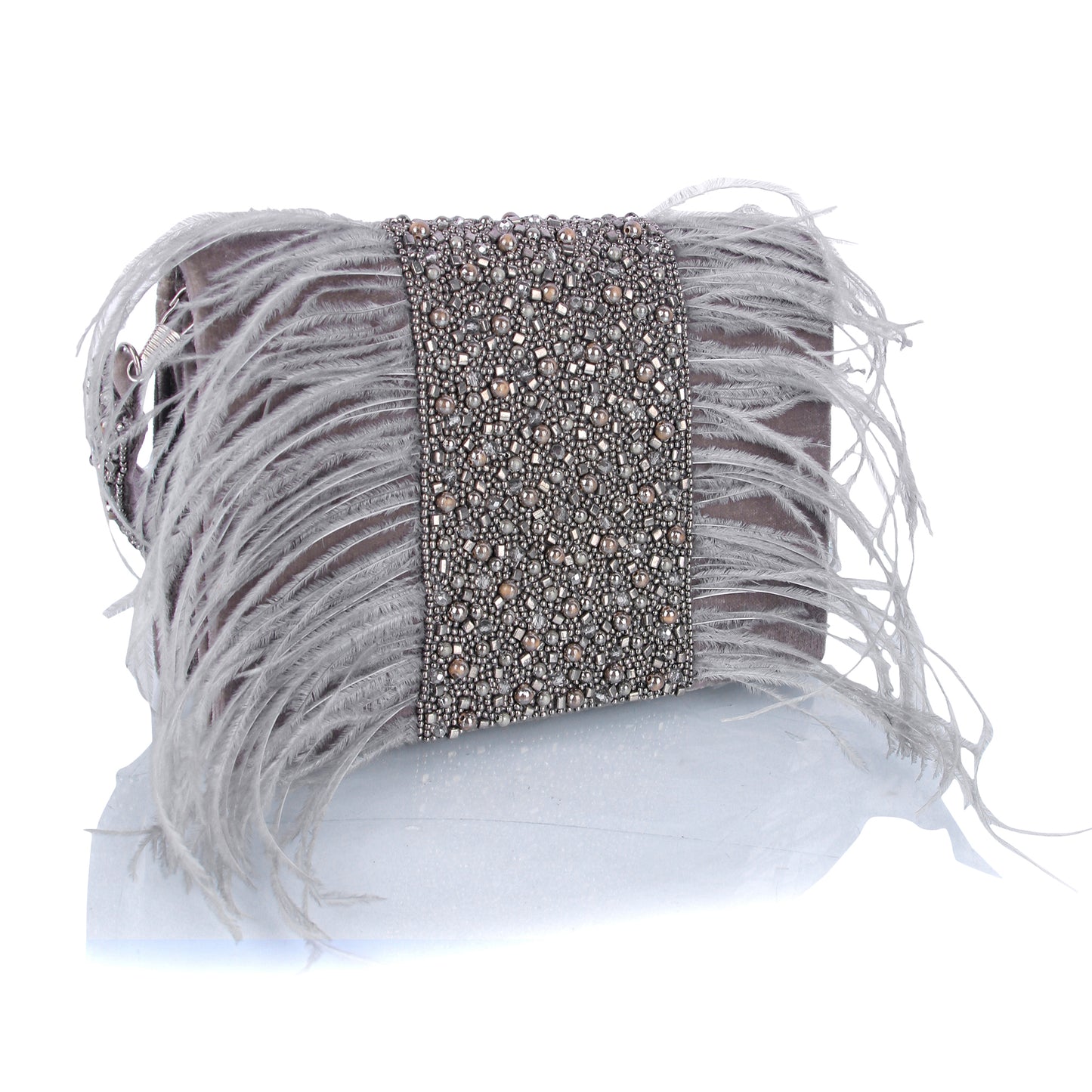 Grey feather clutch bag