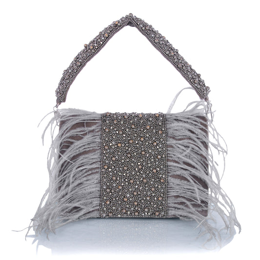 Grey feather clutch bag