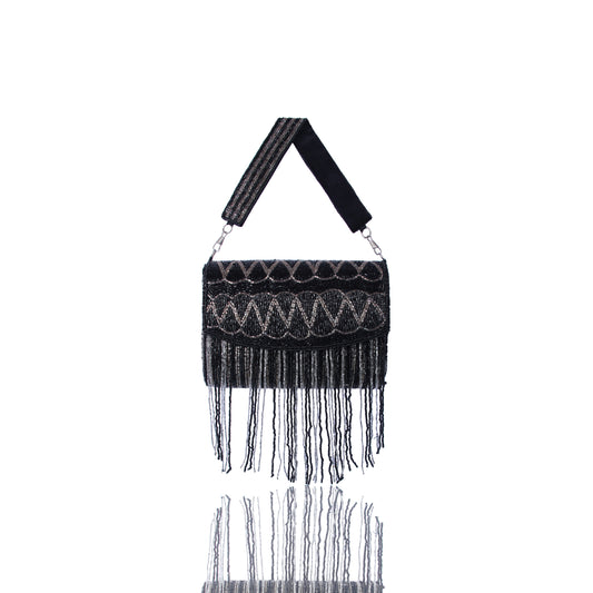 Black silver tassel party bag