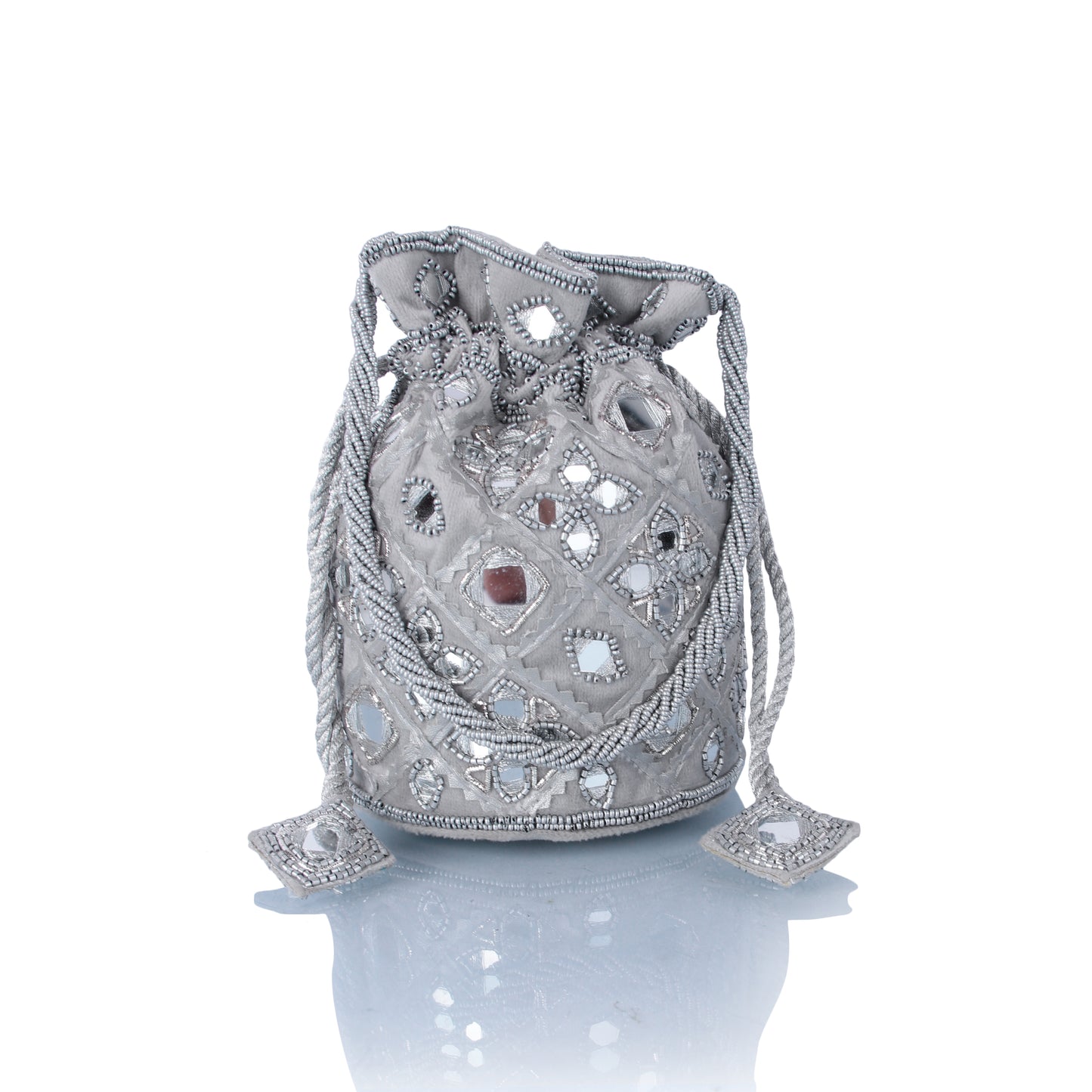 Silver mirrorwork potli