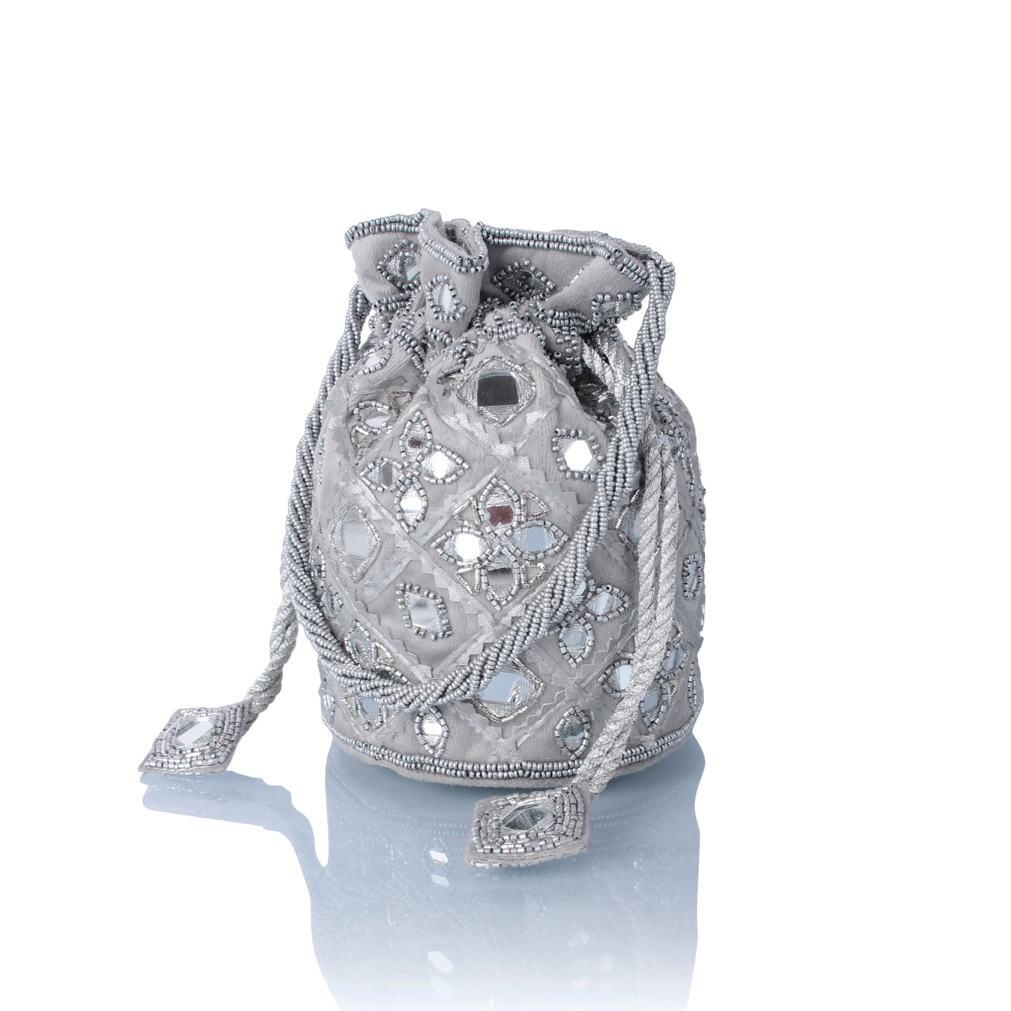 Silver mirrorwork potli