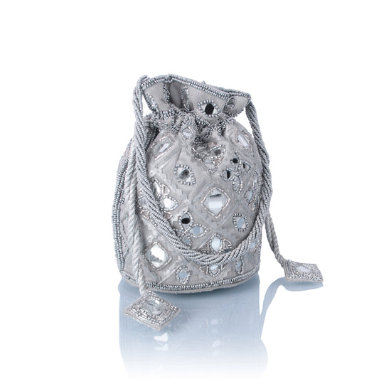 Silver mirrorwork potli