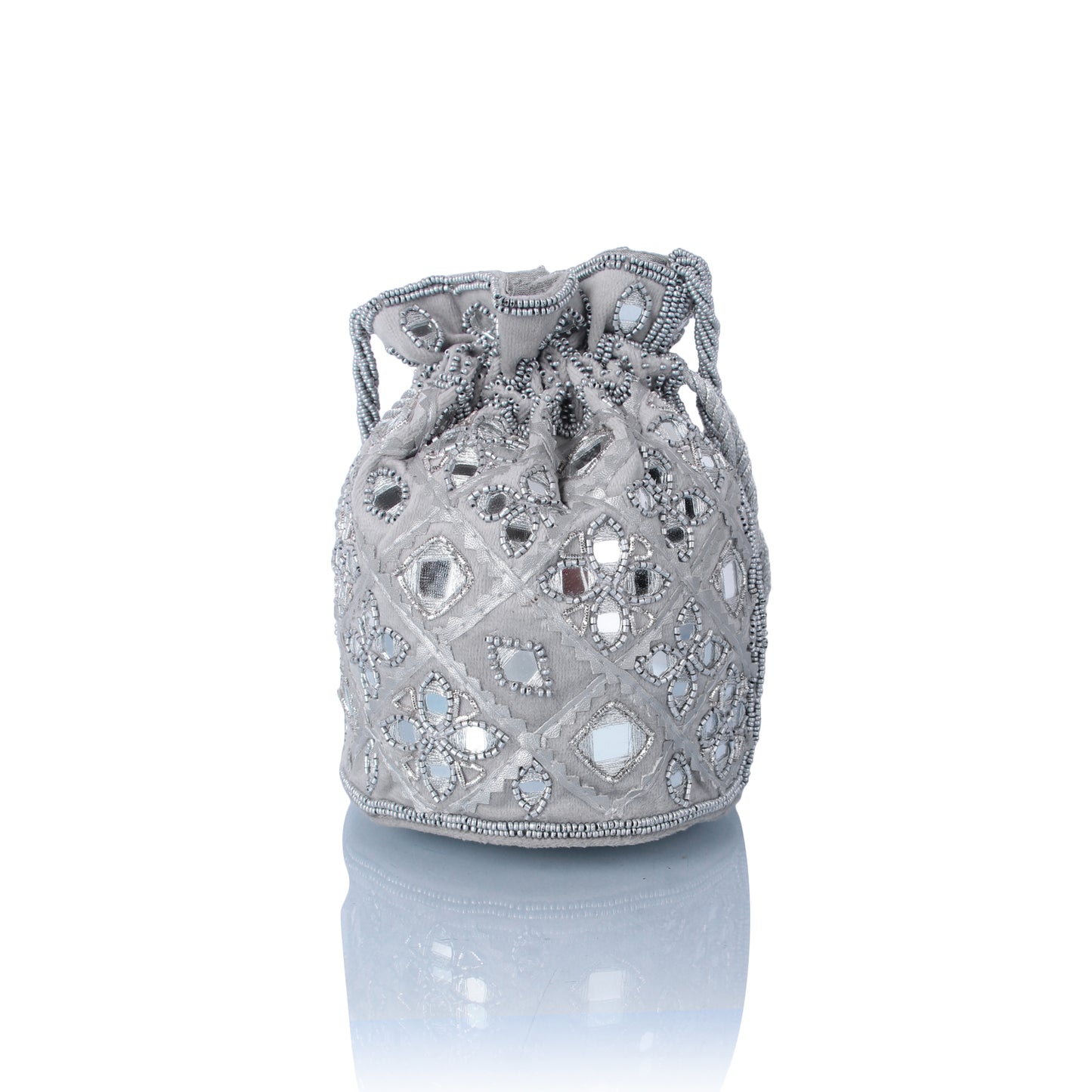 Silver mirrorwork potli