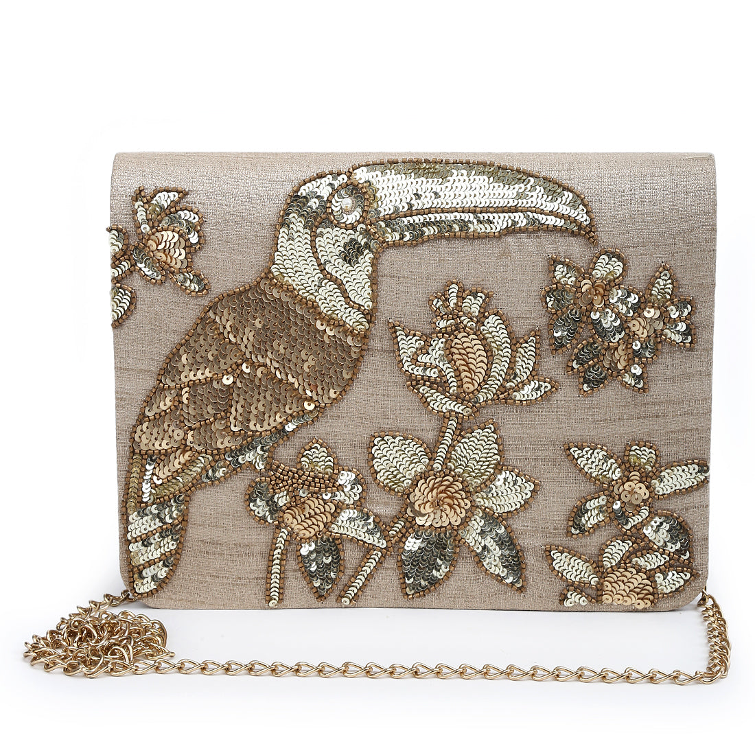 Sequin toucan gold clutch