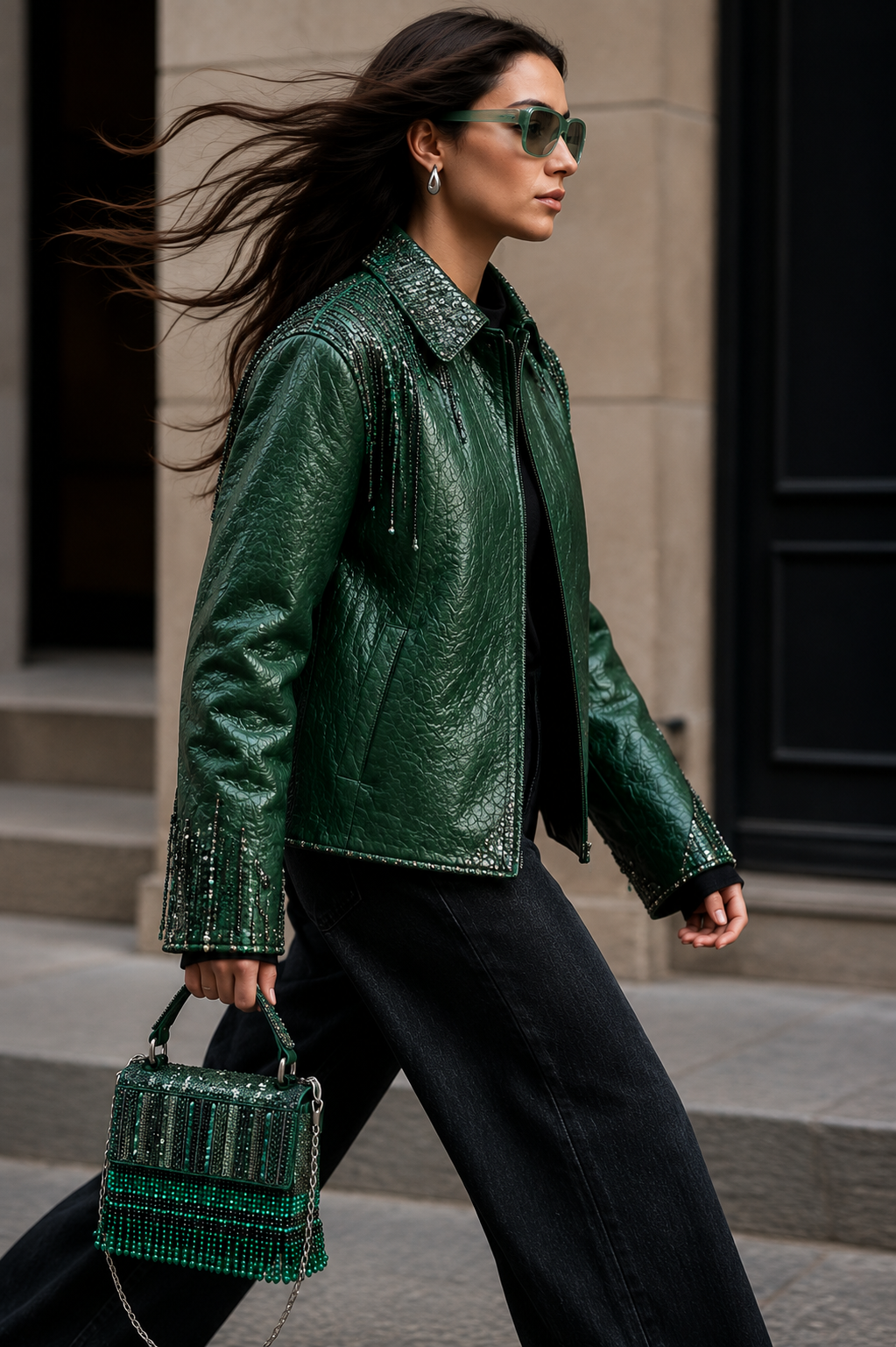 A woman walking outdoors wearing a shiny dark green leather jacket with beaded trim, black wide-leg pants, green-tinted sunglasses, and carrying a matching green beaded handbag